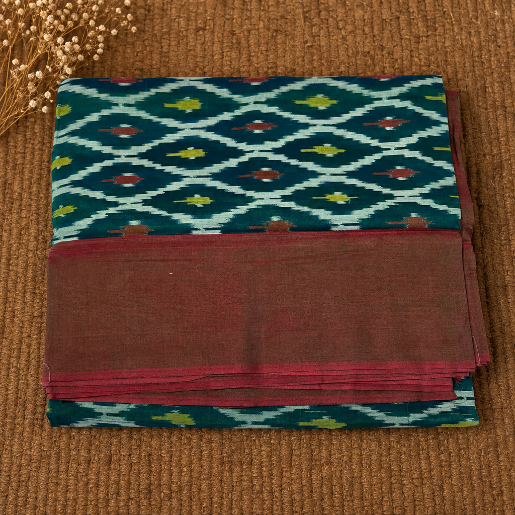 Green & Maroon Single Ikat Mercerised Cotton Saree