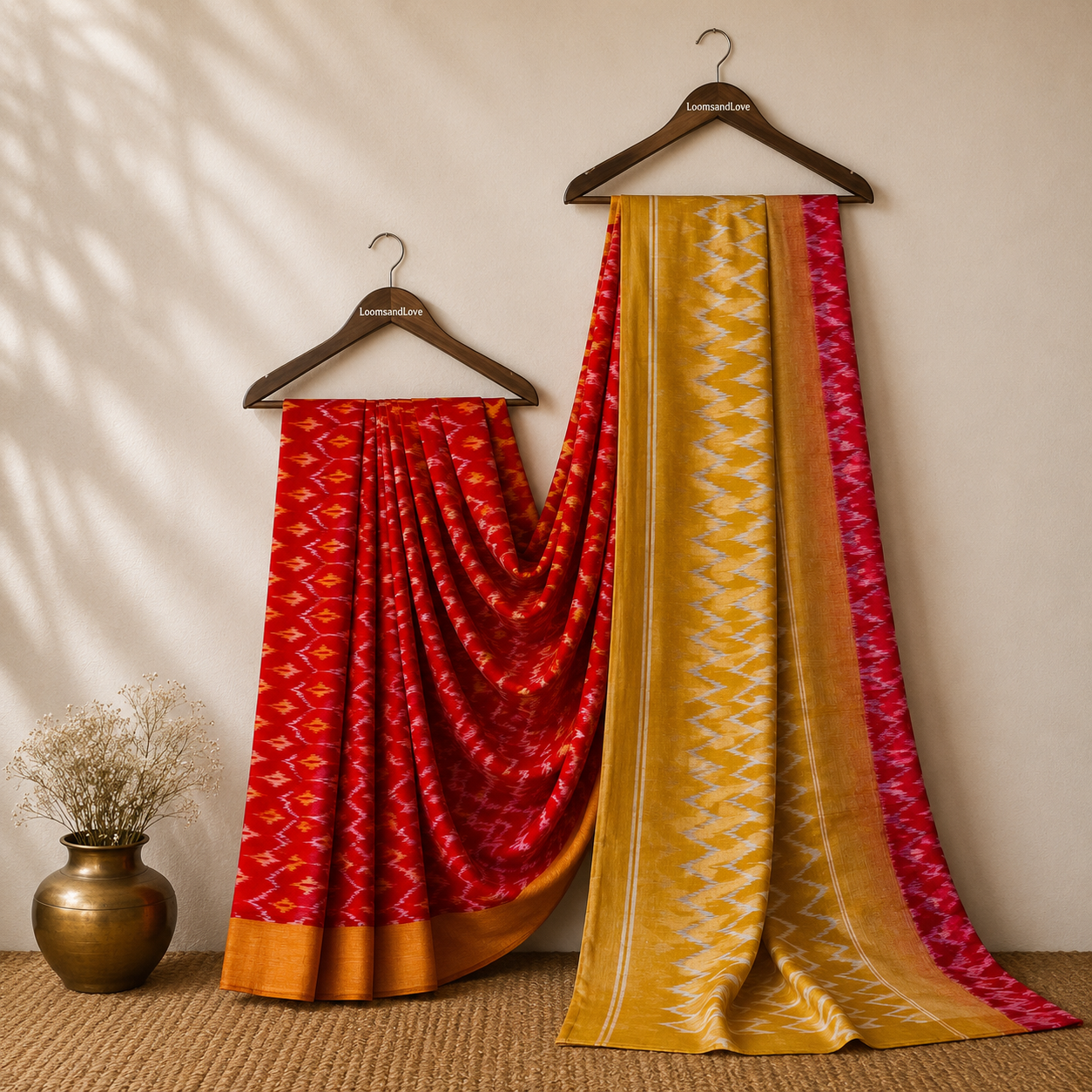 Dual Tone Red Single Ikat Mercerised Cotton Saree