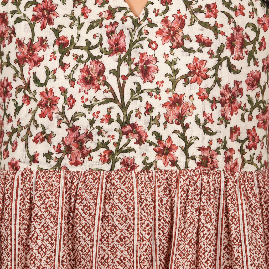 V- Neck Cream and Pink Floral Maxi