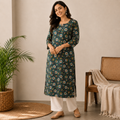 Green Floral Straight Cut Kurthi