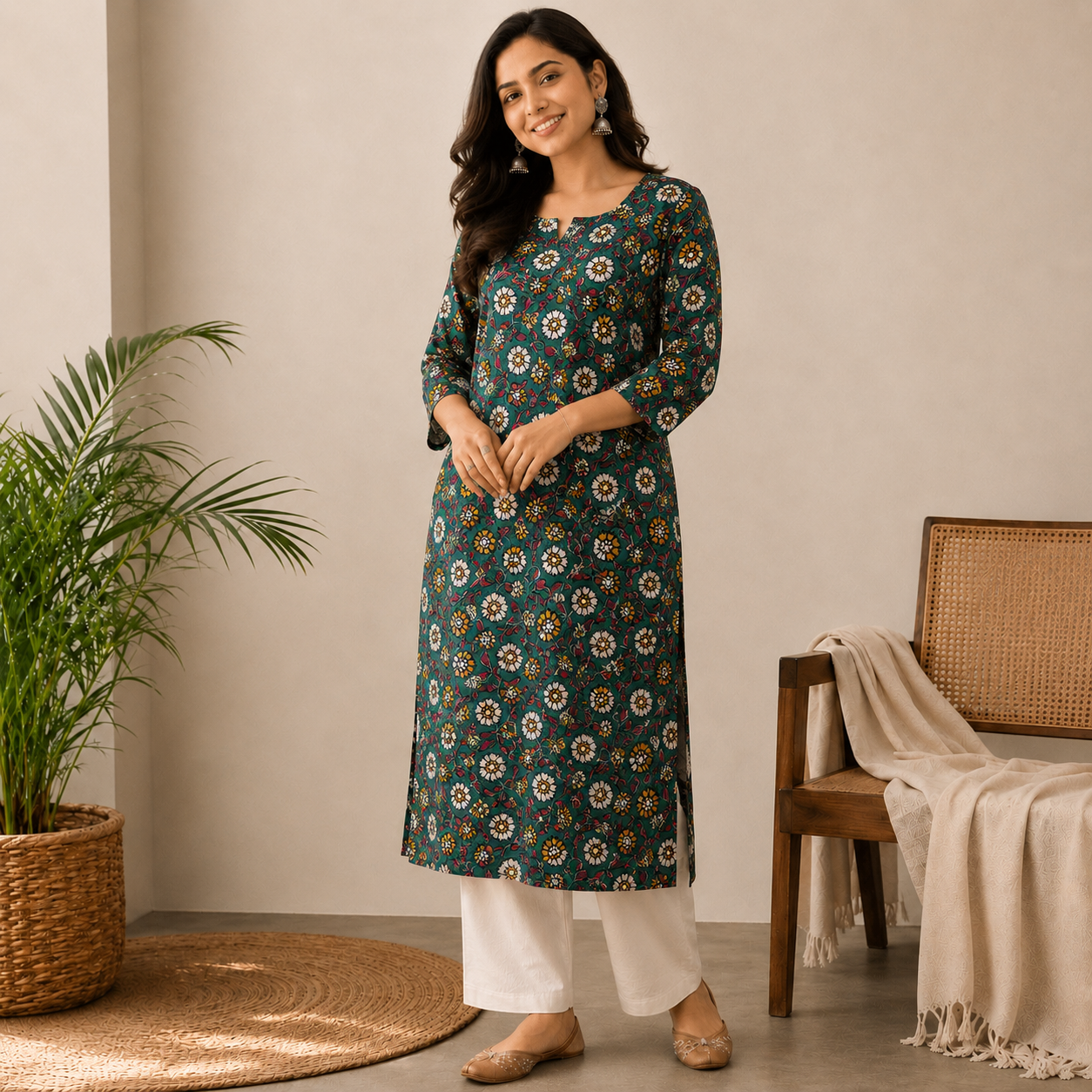 Green Floral Straight Cut Kurthi