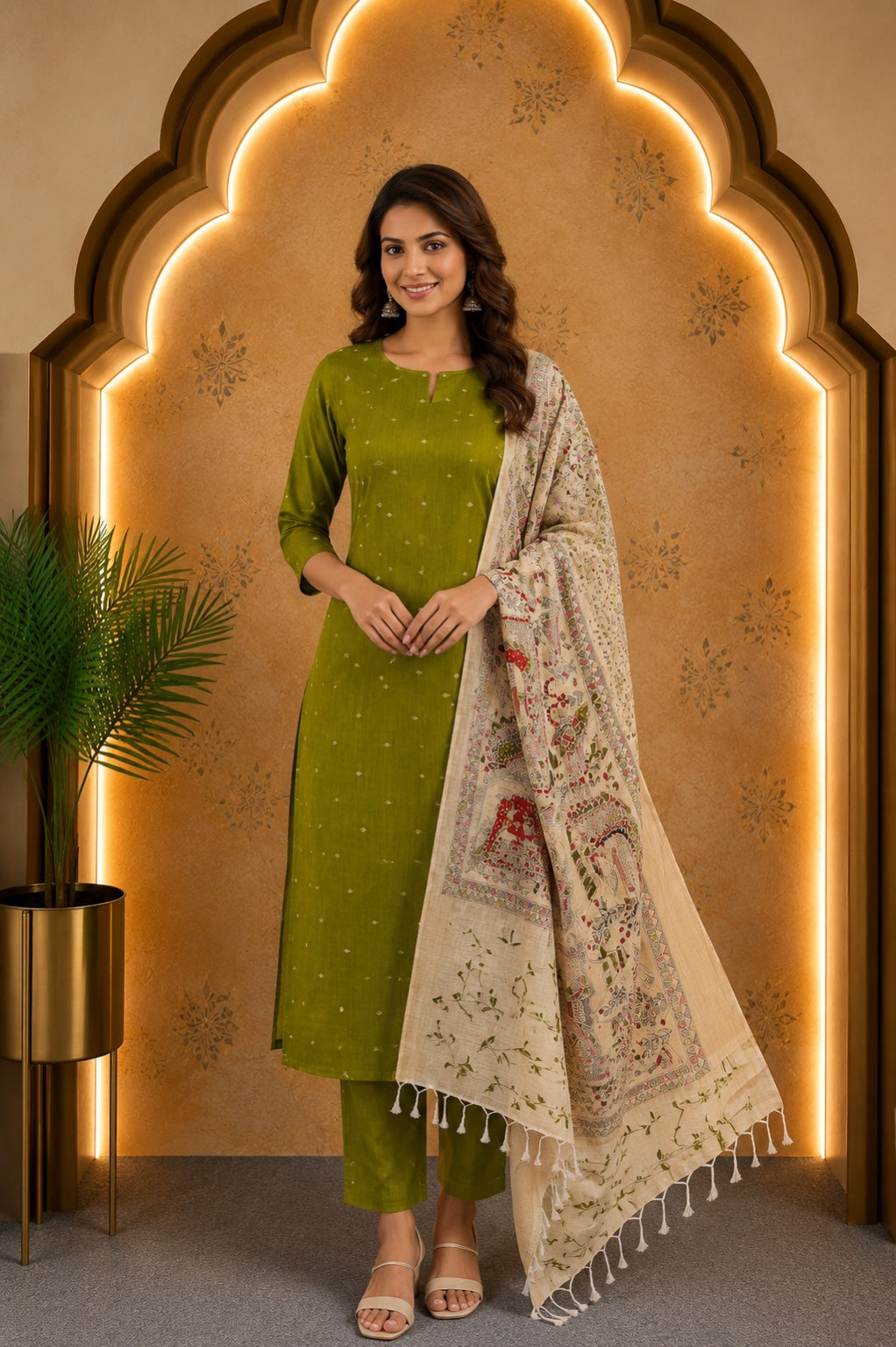 Green Raw Silk Top & Madhubani Kalamkari Dupatta – Dress Material