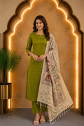 Green Raw Silk Top & Madhubani Kalamkari Dupatta – Dress Material