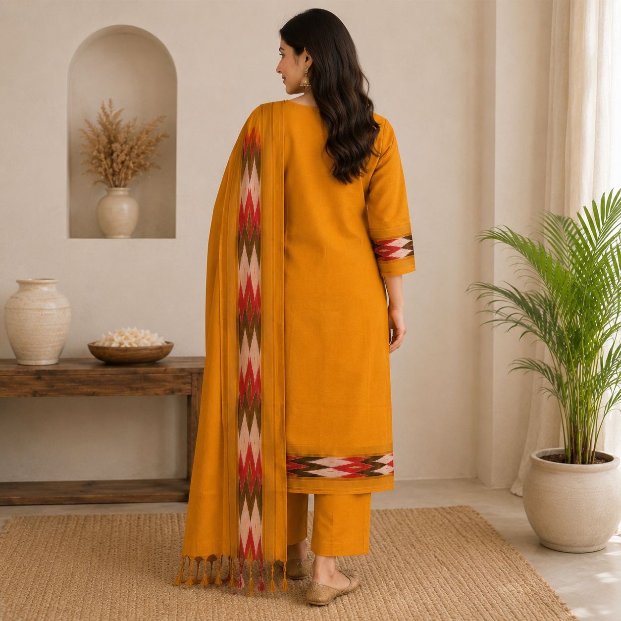 Mustard Yellow Ikkath Stitched 3 Piece Set