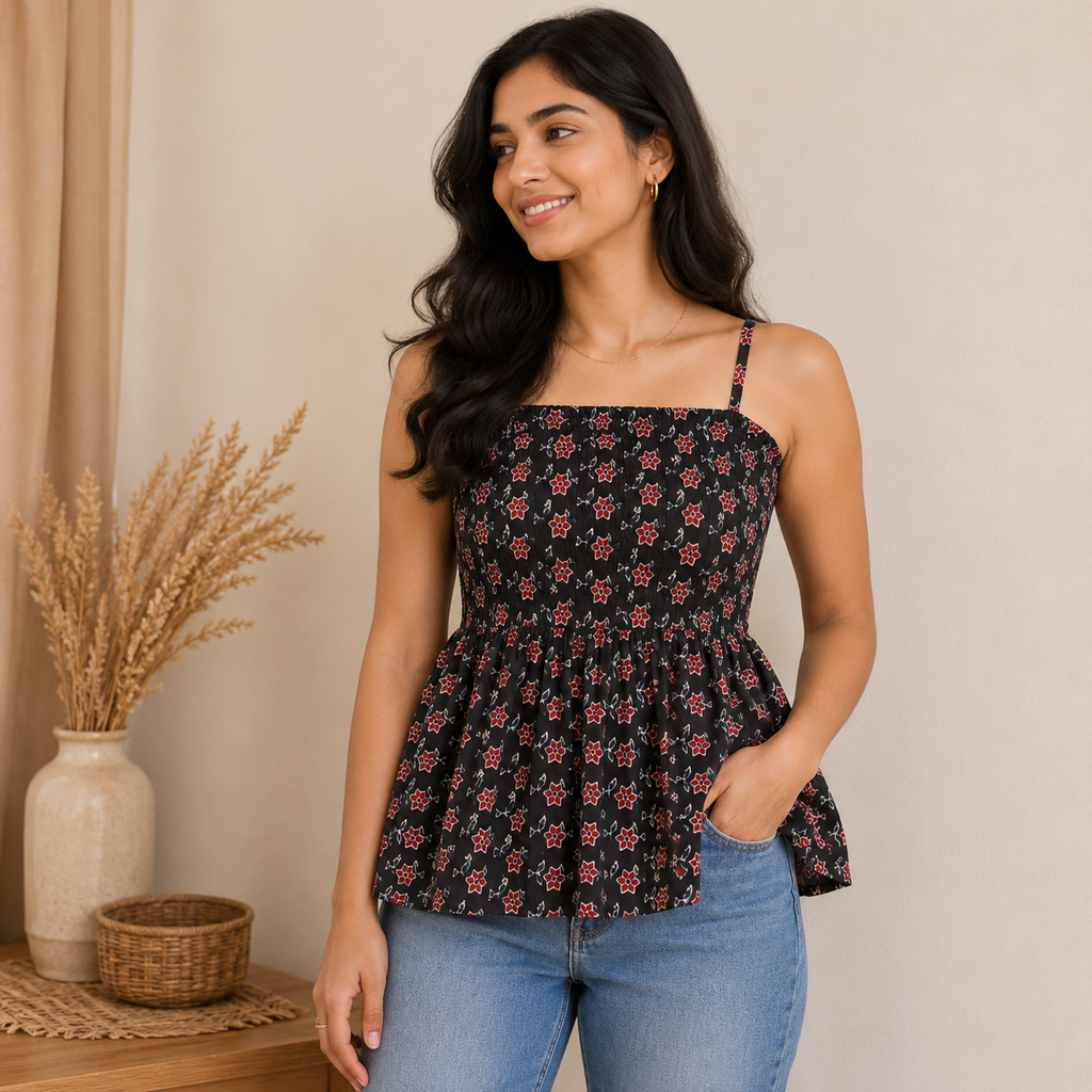 Black Floral Smocked Cotton Top