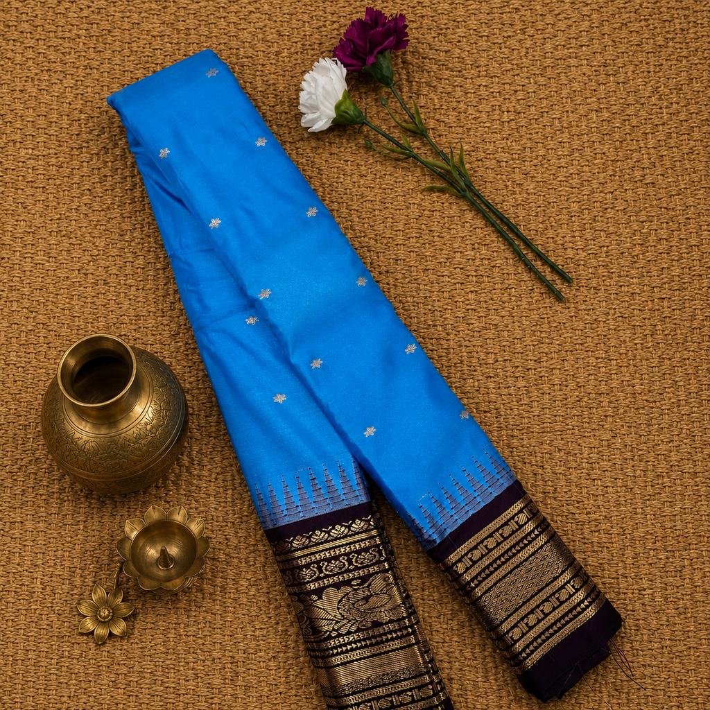 Vivid Turquoise & Deep Wine Semi Gadwal Silk Saree