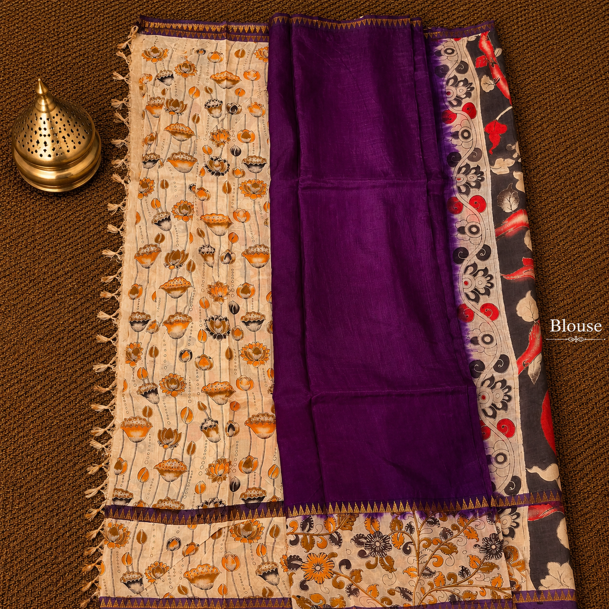 Kalamkari Mangalagiri Silk Saree with Gap Border