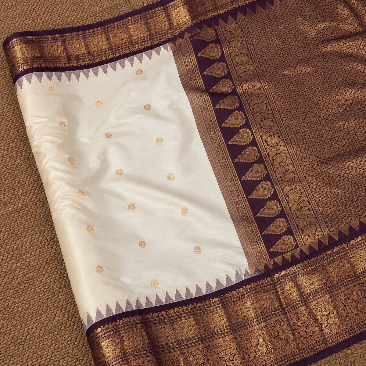 Cream & Burgundy Semi Gadwal Silk Saree