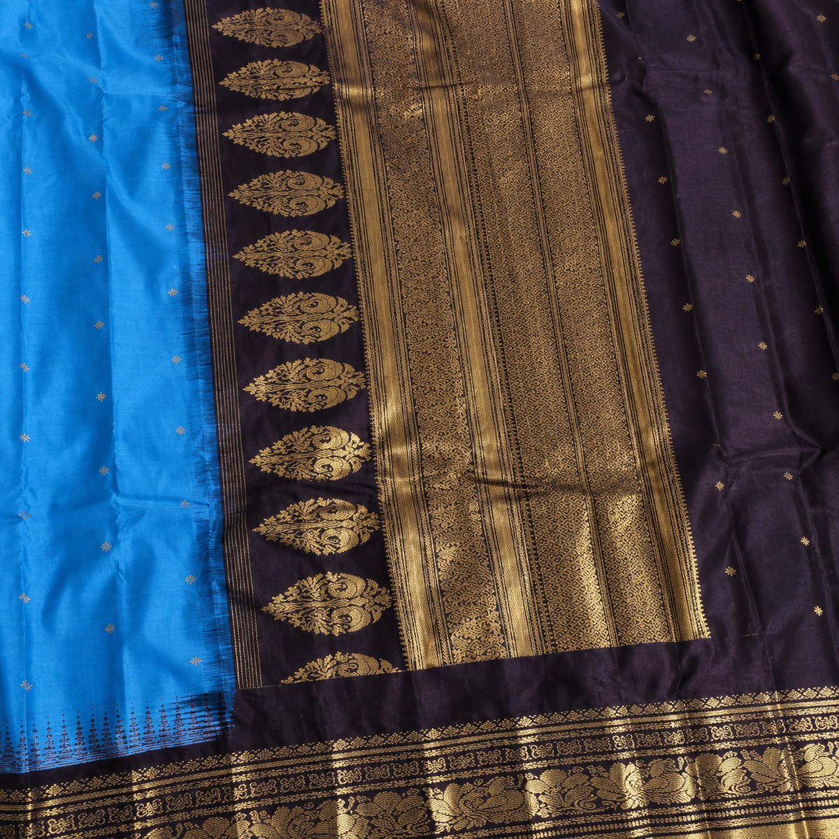 Vivid Turquoise & Deep Wine Semi Gadwal Silk Saree