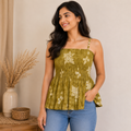 Olive Mustard Floral Smocked Cotton Top