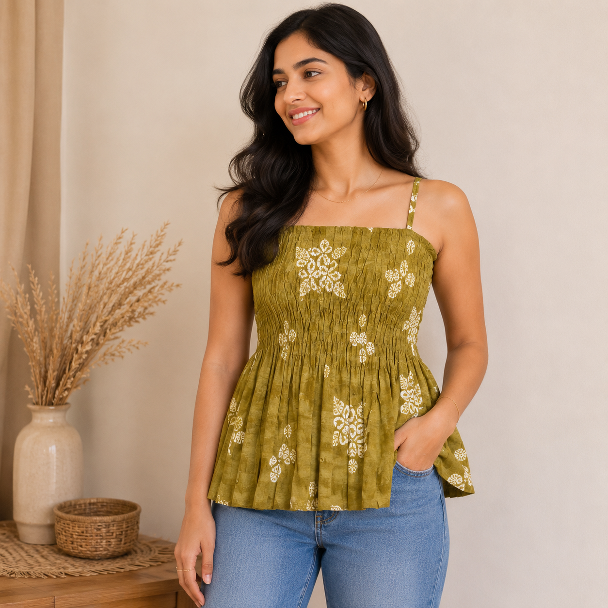 Olive Mustard Floral Smocked Cotton Top