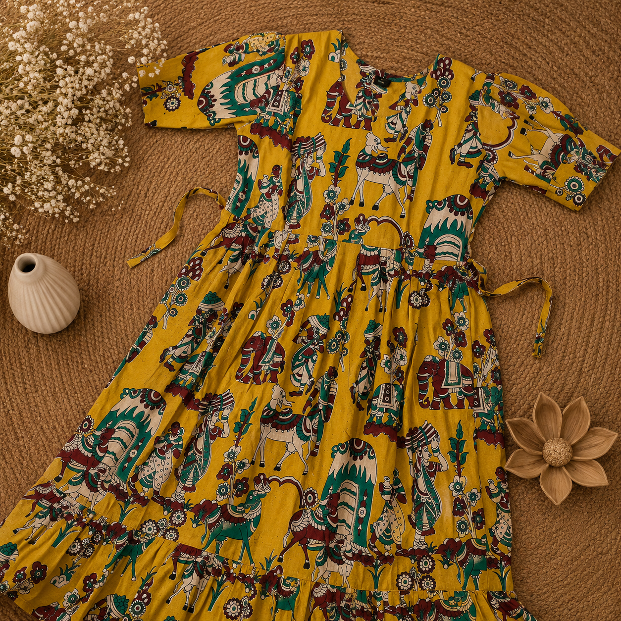 Yellow Kalamkari Frill Frock