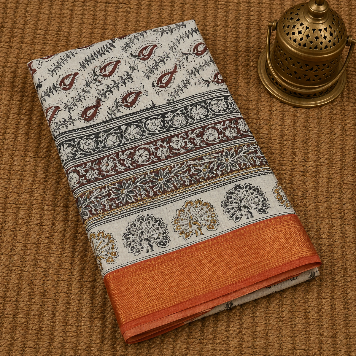 Kalamkari Hand Block Print Mangalgiri Silk Saree with Nizam Border