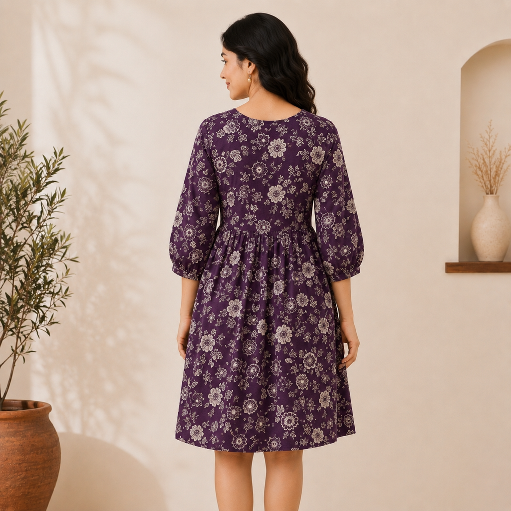Wine Floral Printed Dress