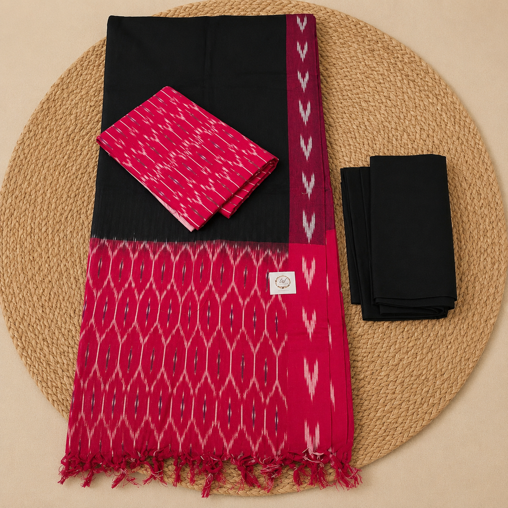 Ikat Cotton Dress Material – Red & Black