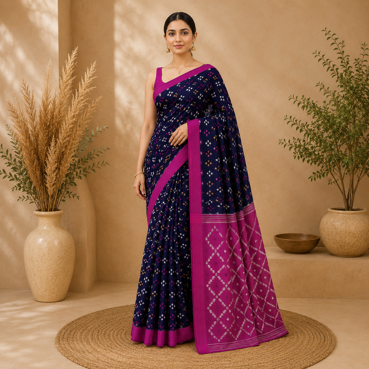 Navy Blue Single Ikkath Pochampally Cotton Saree
