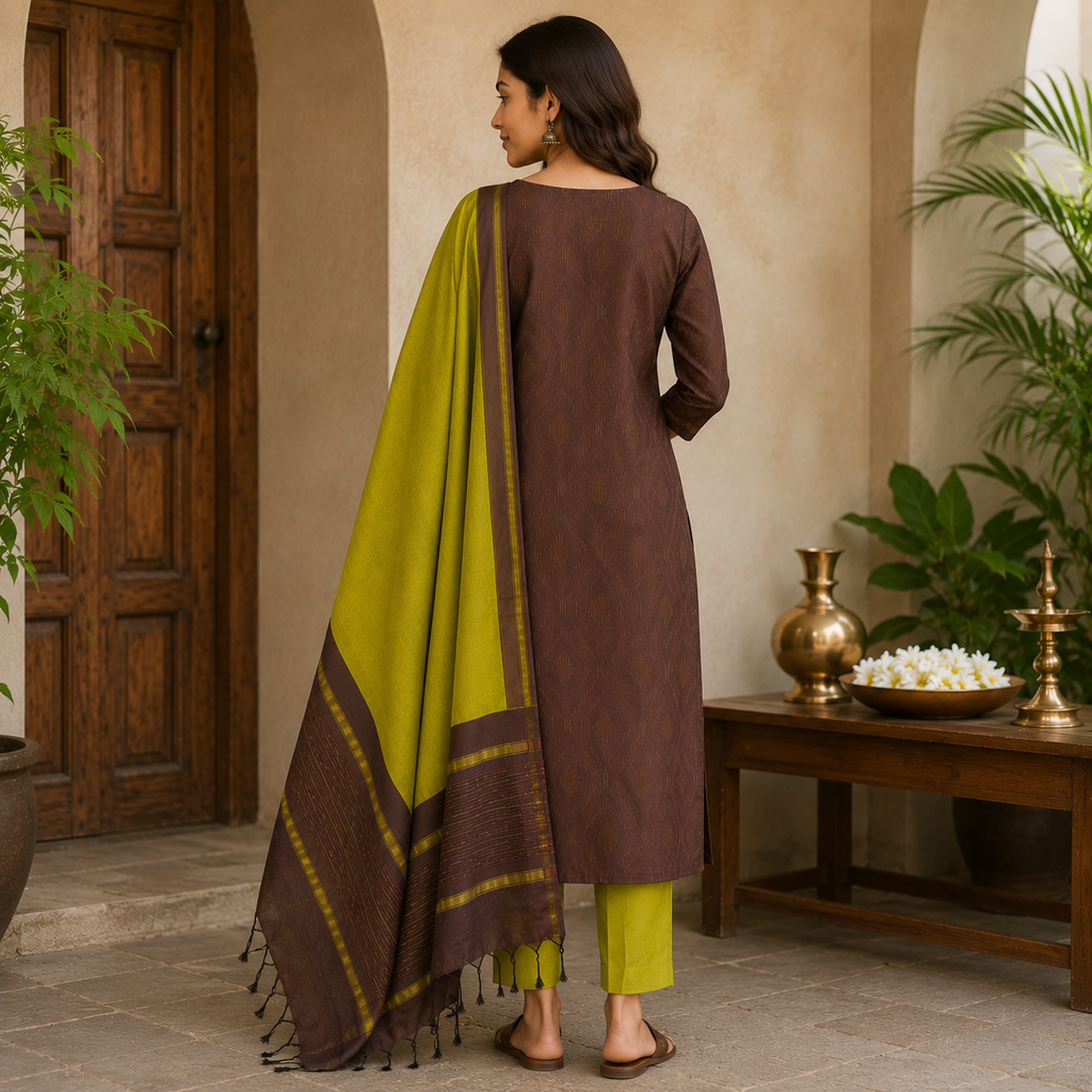 Ikkath SICO Pattu Dress Material – Rich Coffee Brown & Lime Green