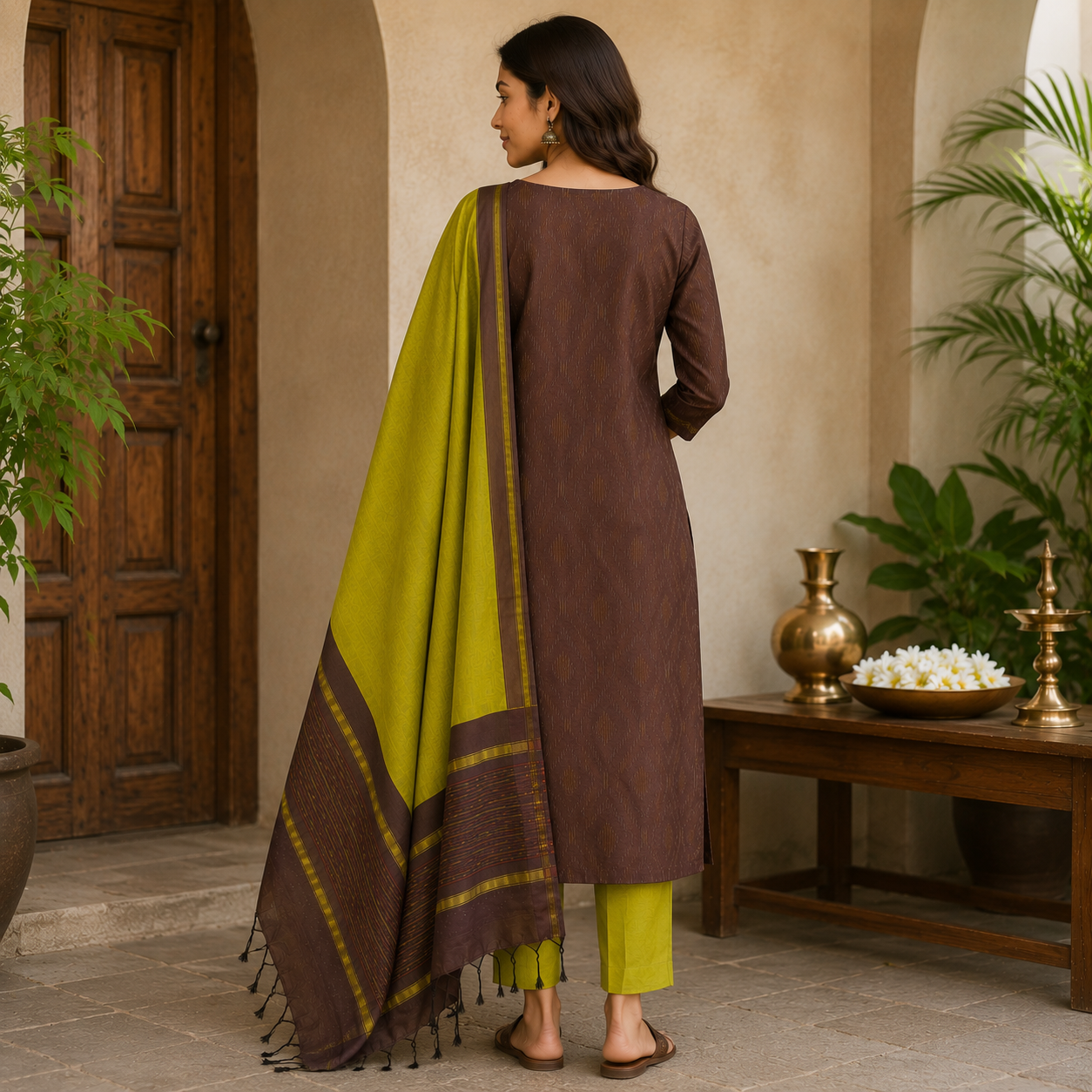 Ikkath SICO Pattu Dress Material – Rich Coffee Brown & Lime Green