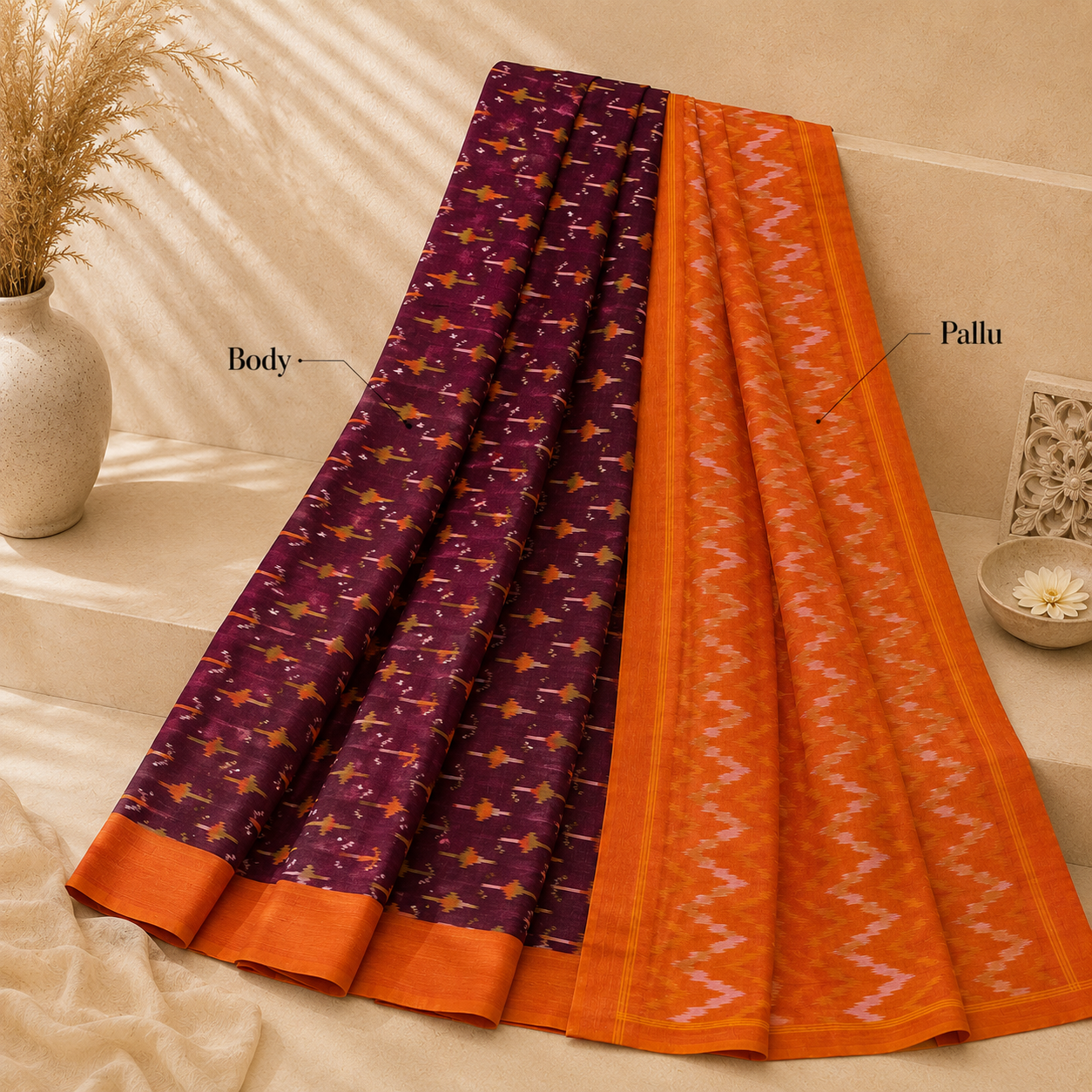 Plum Purple Single Ikkath Pochampally Cotton Saree –
