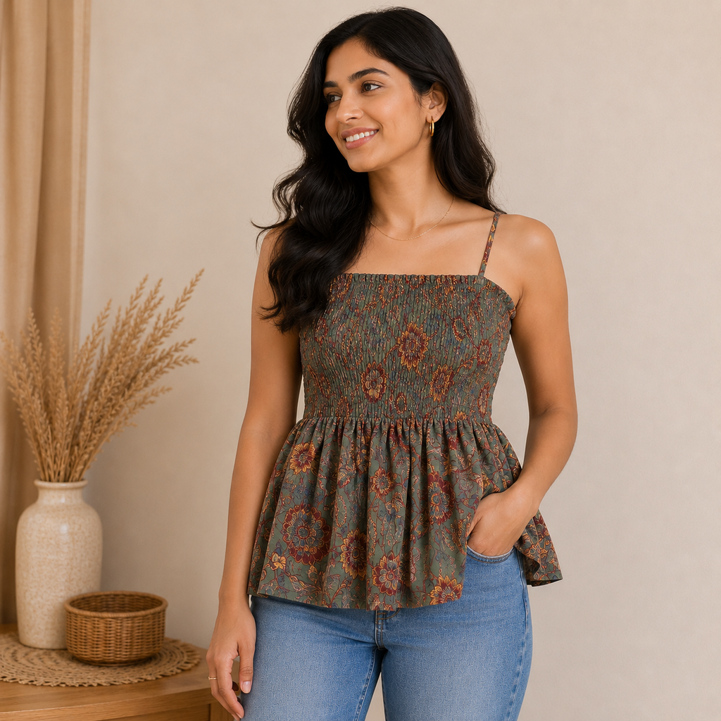 Sage Green Floral Smocked Cotton Top