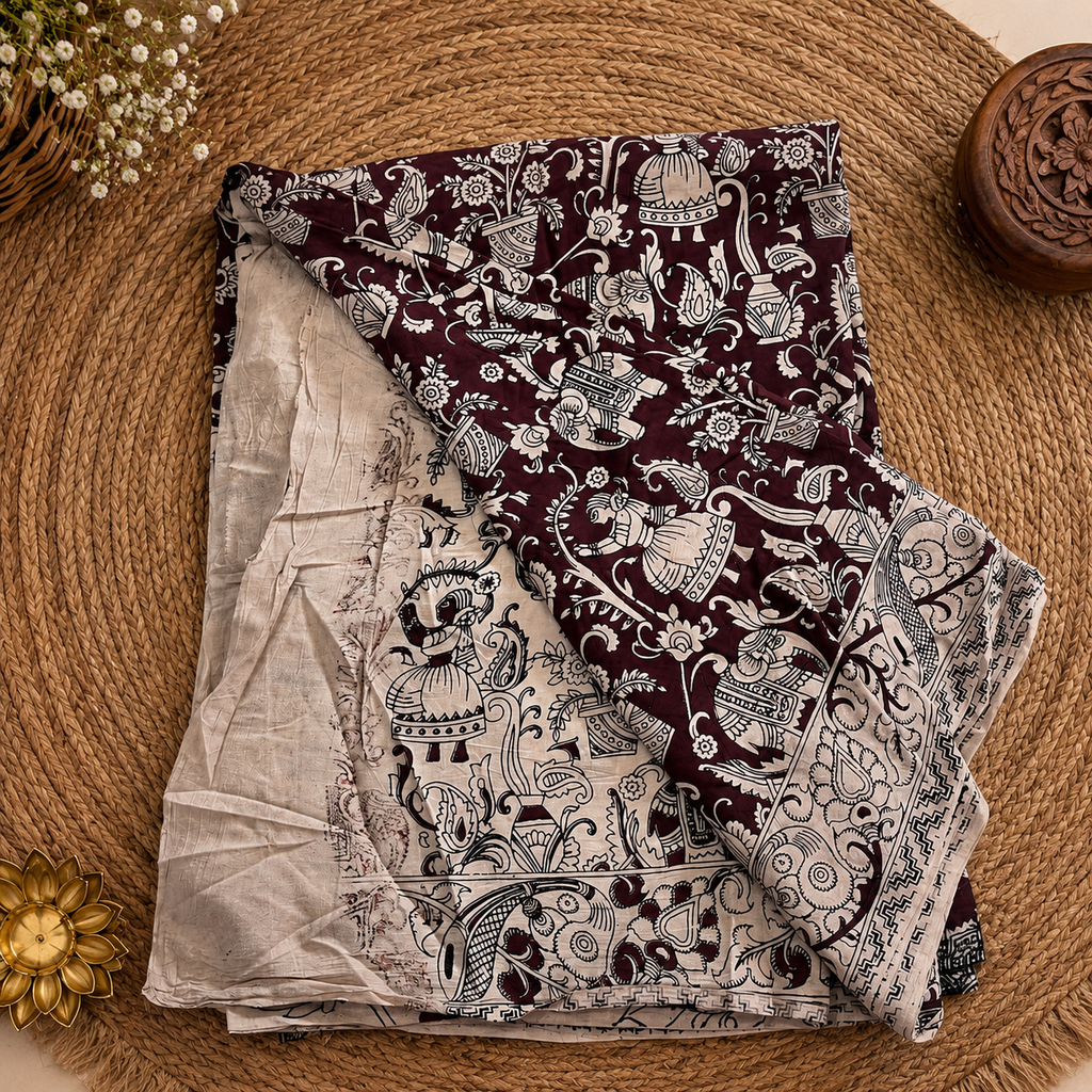 Coffee Brown Kalamkari Cotton Saree
