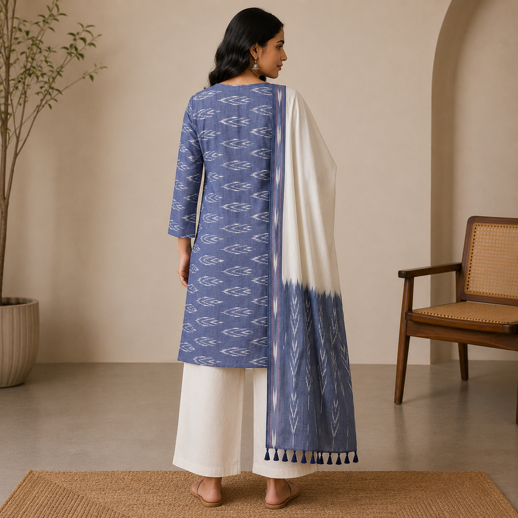Ikat Cotton Dress Material – Grey & Beige