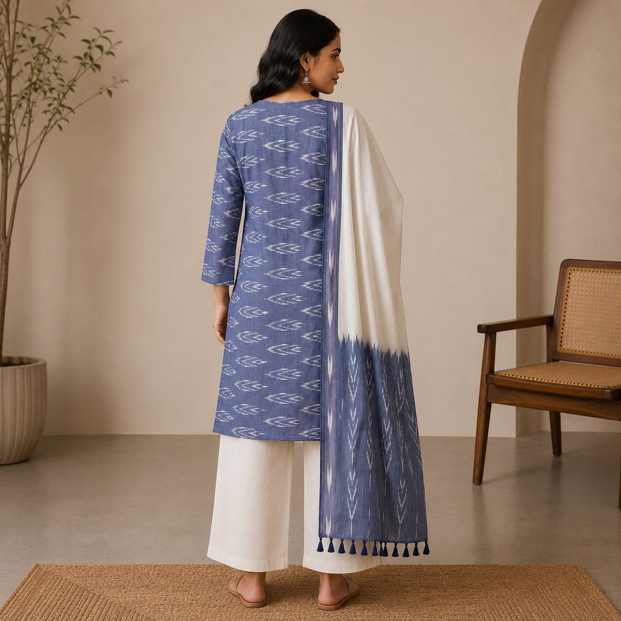 Ikat Cotton Dress Material – Grey & Beige