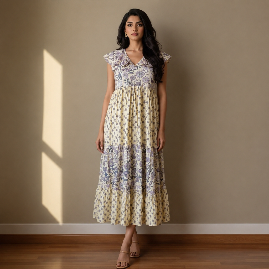 V- Neck Cream and Blue Floral Maxi