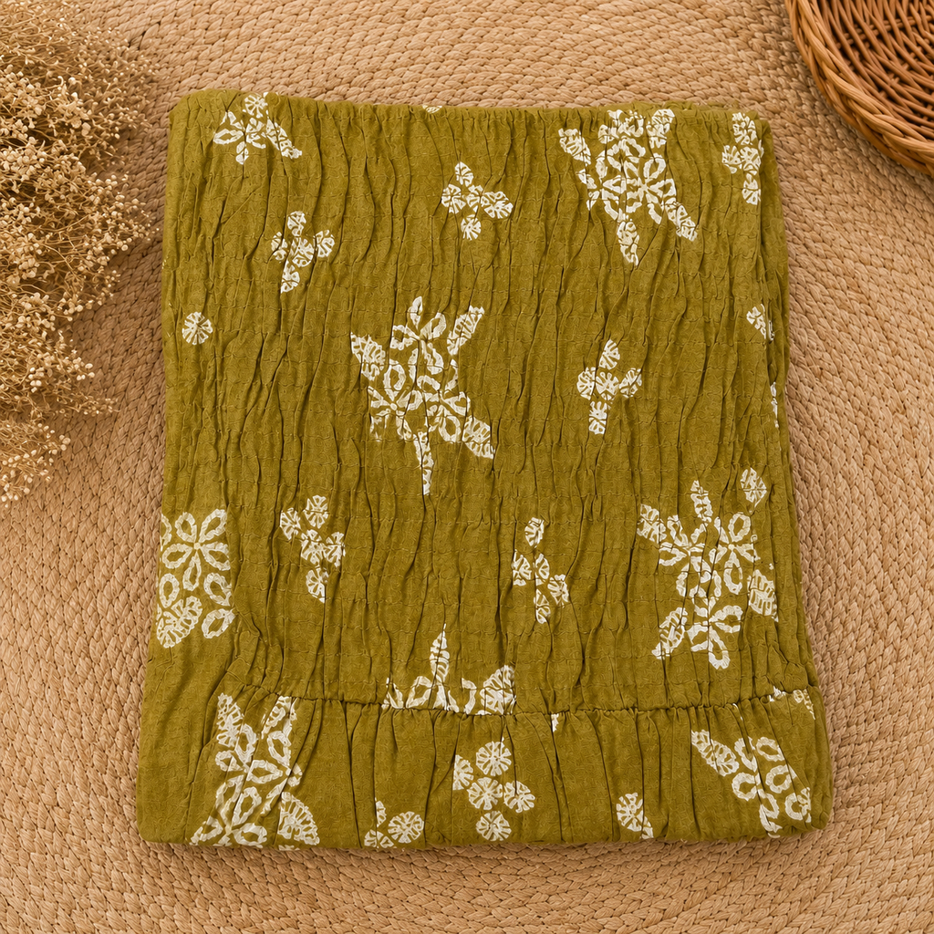 Olive Mustard Floral Smocked Cotton Top