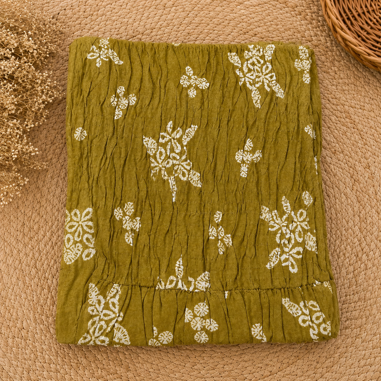 Olive Mustard Floral Smocked Cotton Top