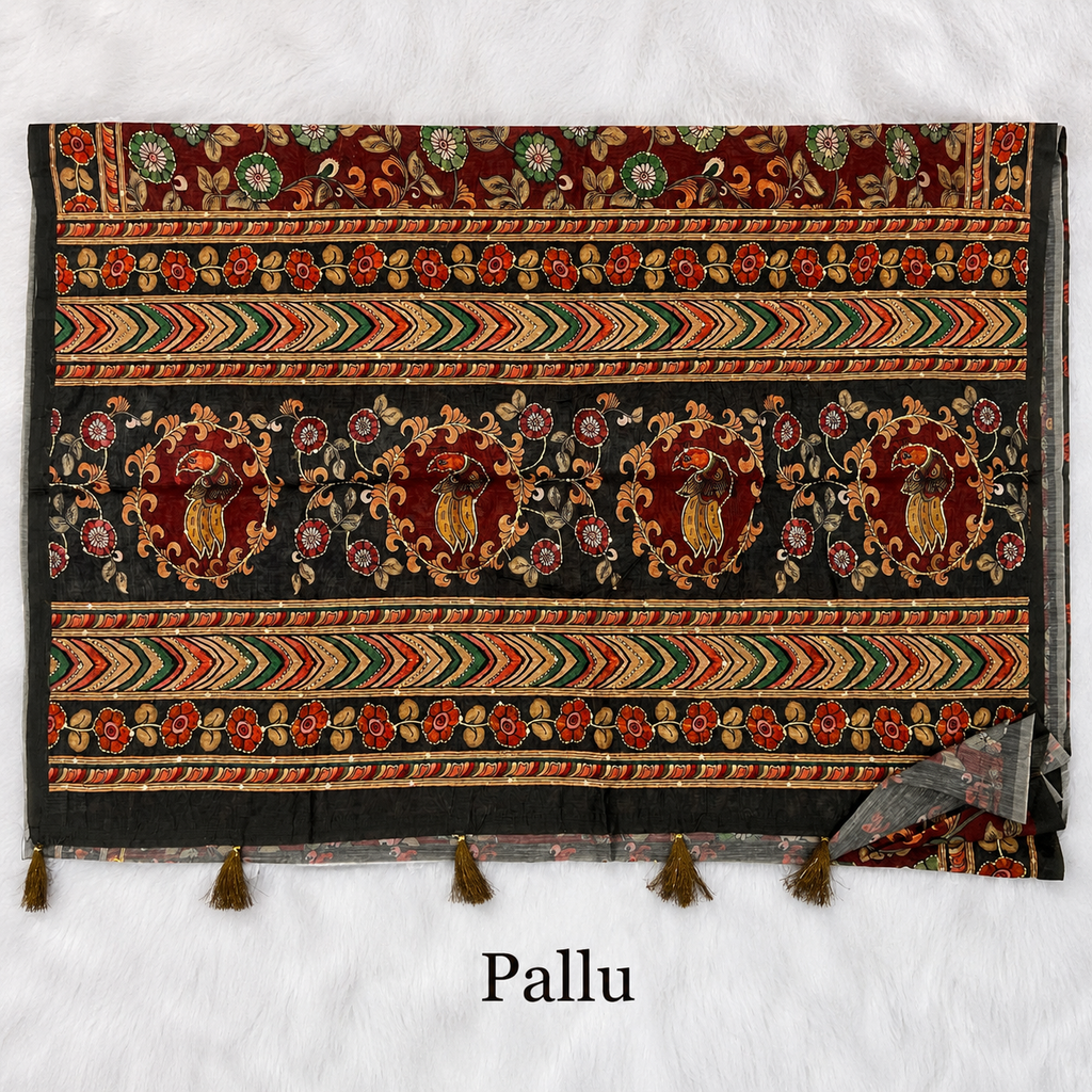 Chanderi Kalamkari Digital Kantha Work Saree