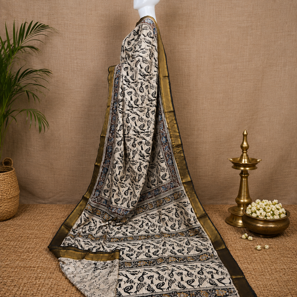 Kalamkari Hand Block Print Mangalgiri Silk Saree with Nizam Border