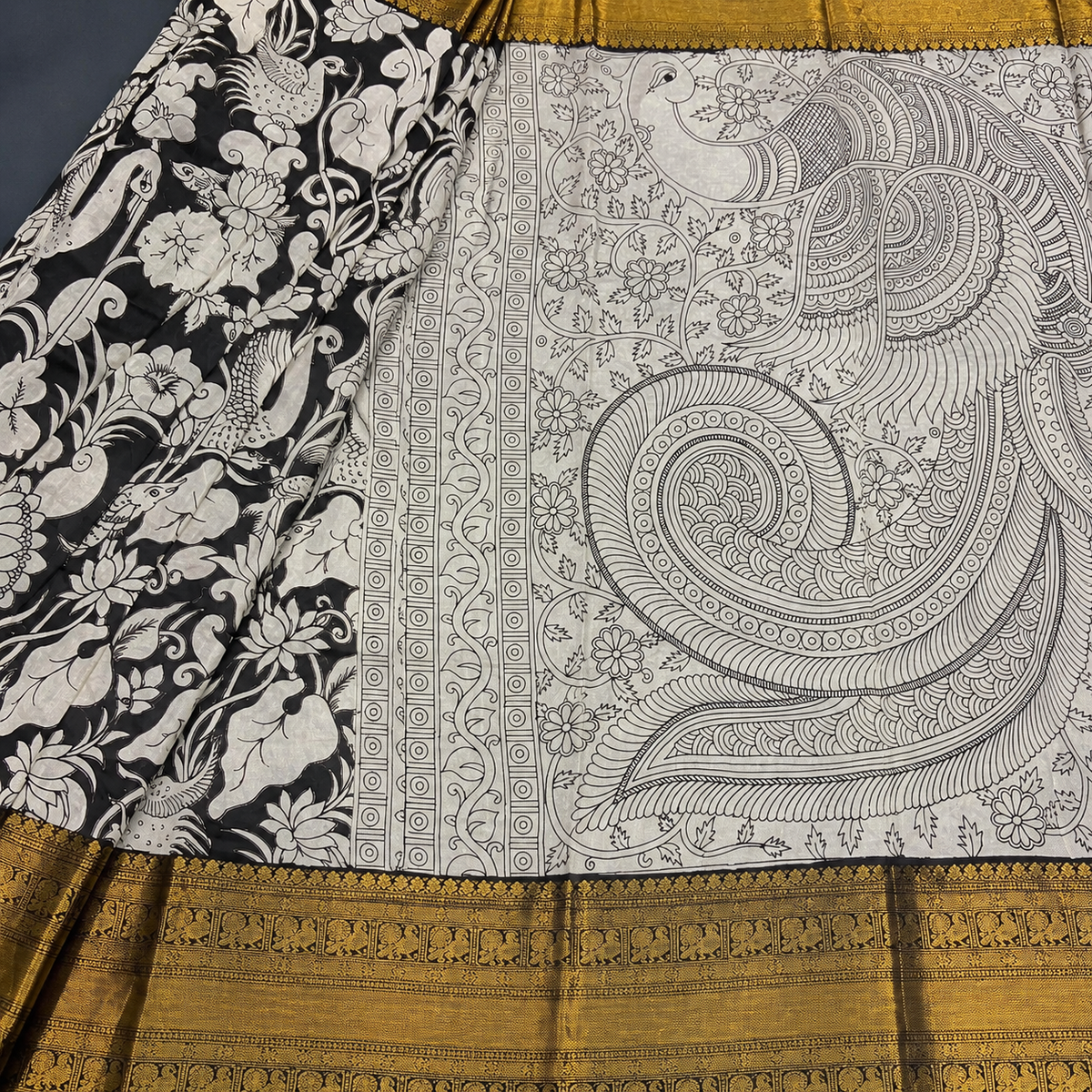 Black Kalamkari Mangalagiri Silk Saree - Big Kanchi Border