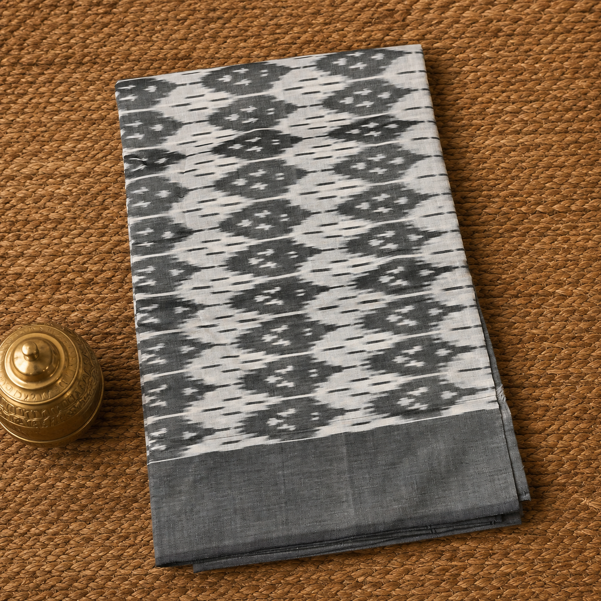 Charcoal Grey & Off-White Ikat Mercerised Cotton Saree