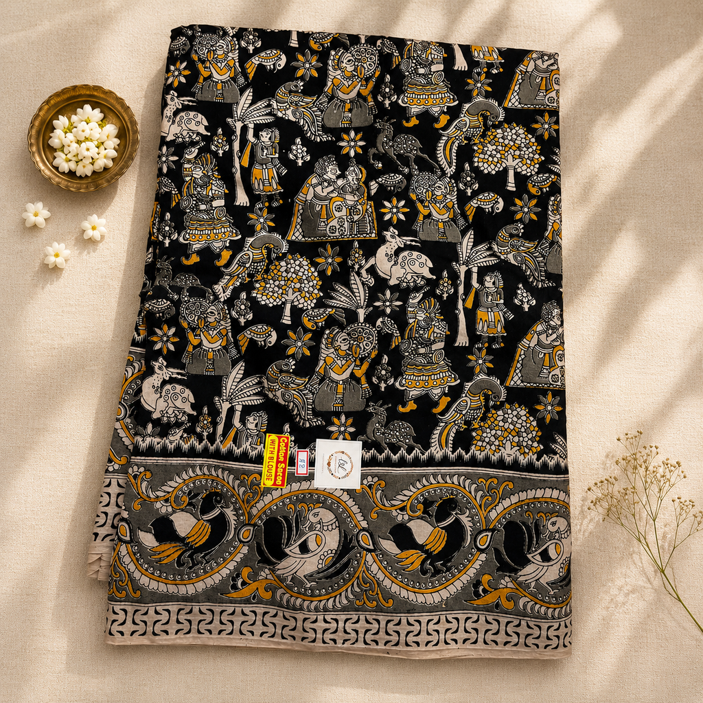 Black Kalamkari Cotton Saree