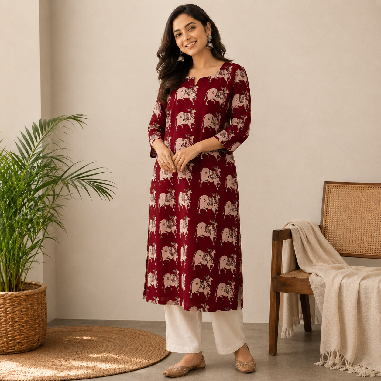 Red Pichwai Straight Cut Kurthi