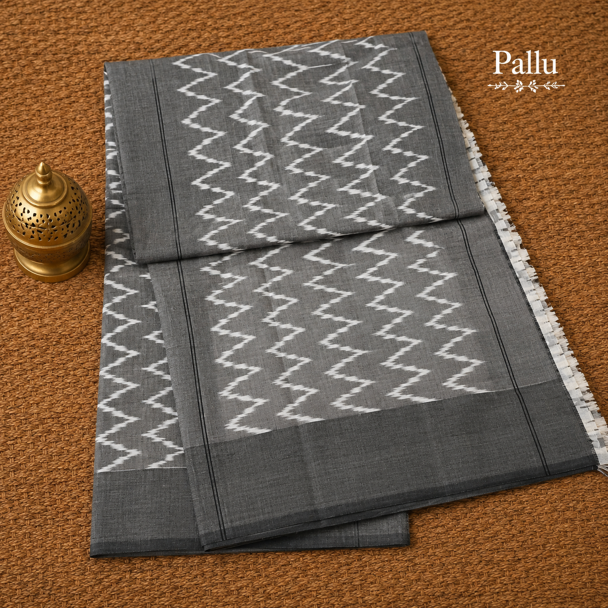 Charcoal Grey & Off-White Ikat Mercerised Cotton Saree