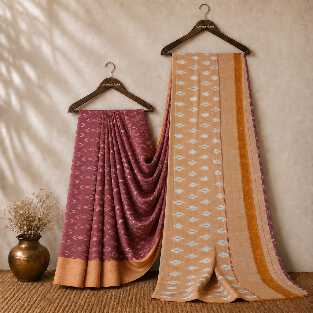 Peach & Orange Single Ikat Mercerised Cotton Saree