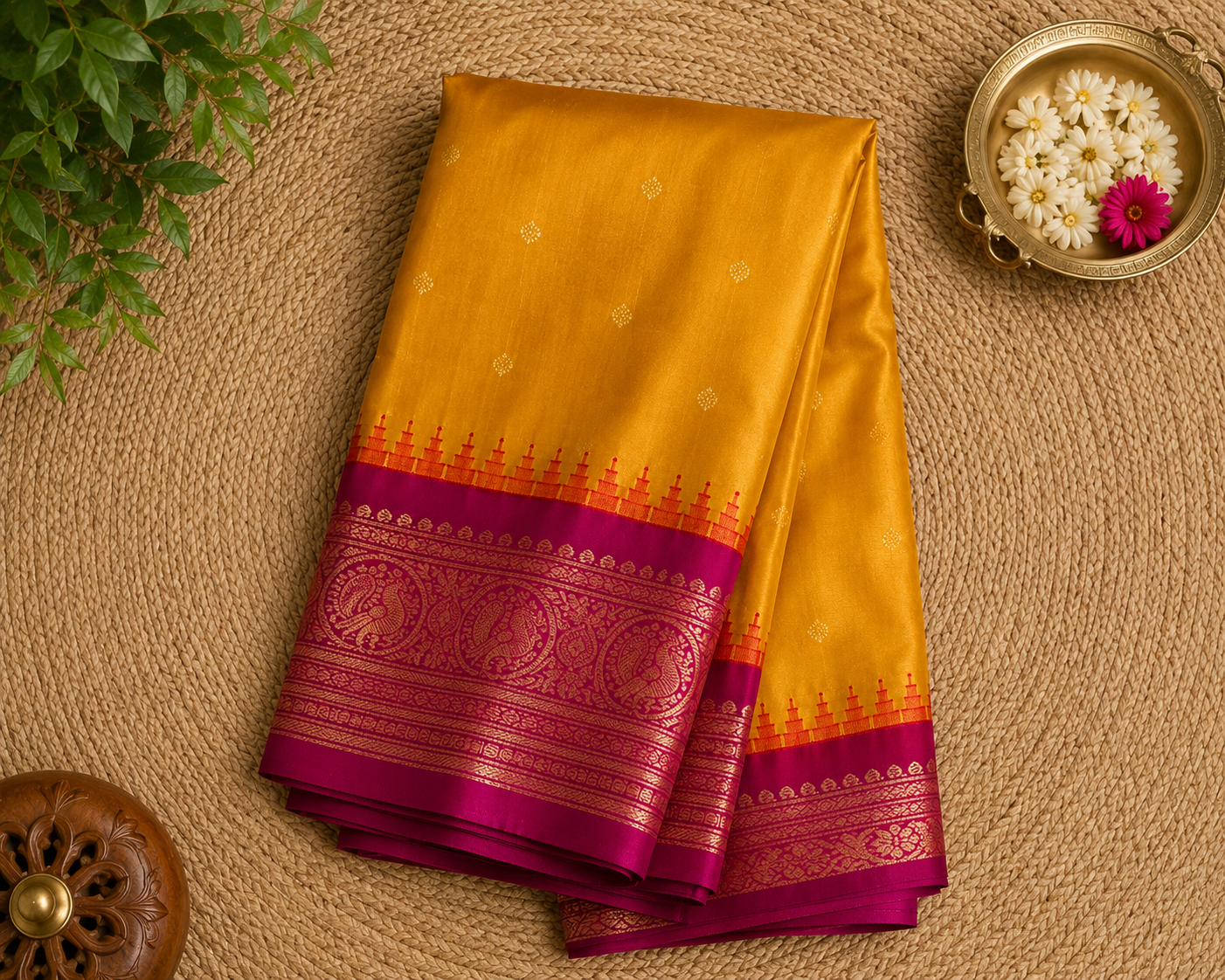 Mustard Yellow & Magenta Semi Gadwal Silk Saree