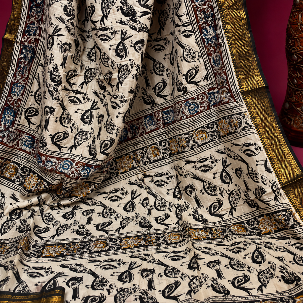Kalamkari Hand Block Print Mangalgiri Silk Saree with Nizam Border