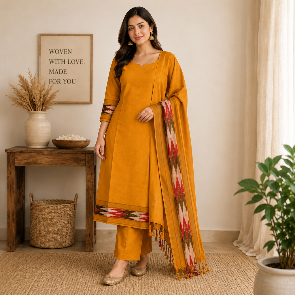 Mustard Yellow Ikkath Stitched 3 Piece Set