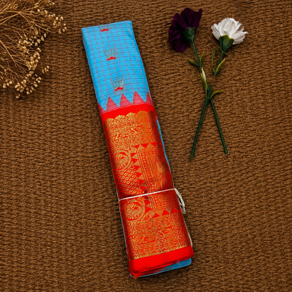 Skyblue & Orange Semi Gadwal Silk Saree