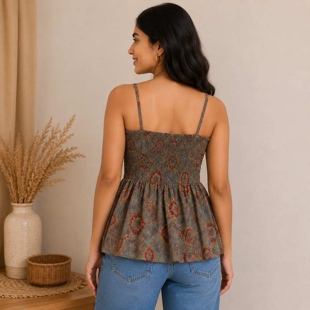 Sage Green Floral Smocked Cotton Top