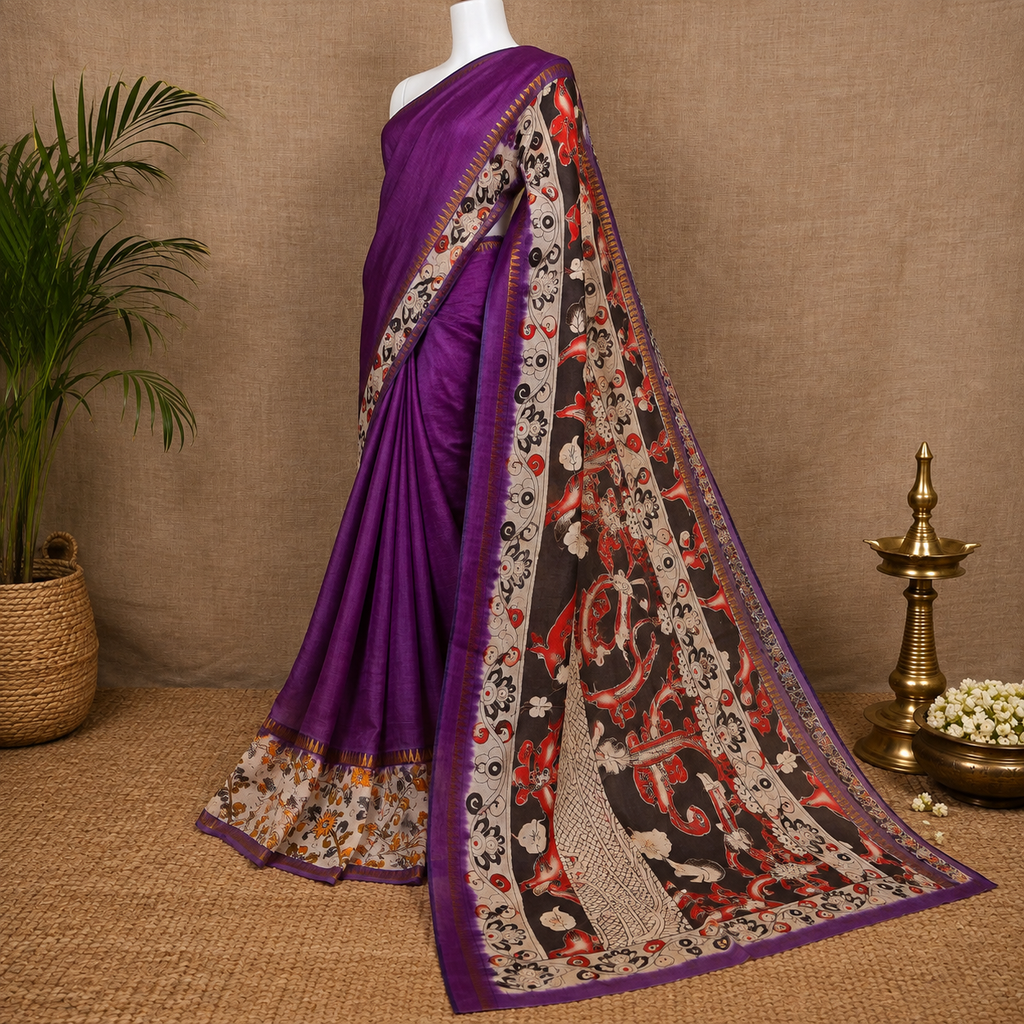 Kalamkari Mangalagiri Silk Saree with Gap Border