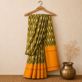 Olive Green & Mustard Orange Single Ikat Mercerised Cotton Saree