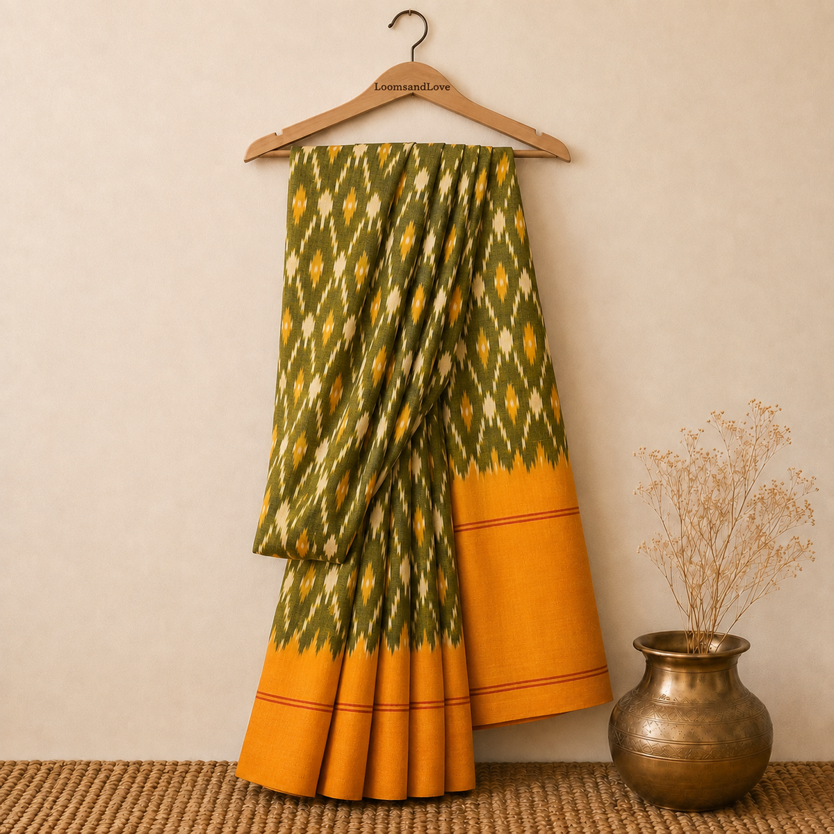Olive Green & Mustard Orange Single Ikat Mercerised Cotton Saree
