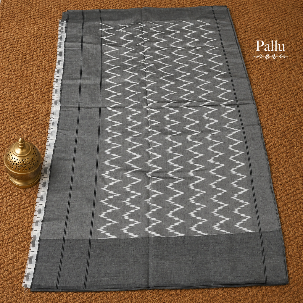 Charcoal Grey & Off-White Ikat Mercerised Cotton Saree