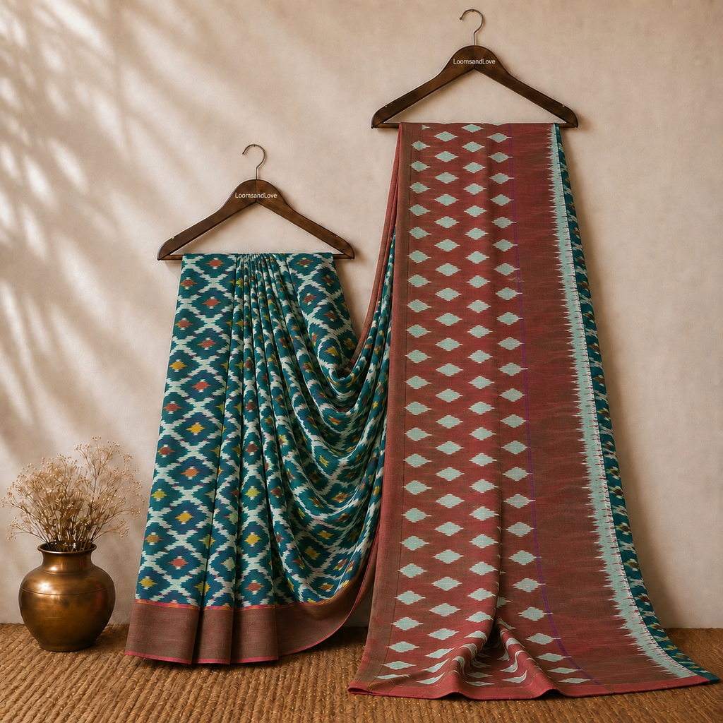 Green & Maroon Single Ikat Mercerised Cotton Saree