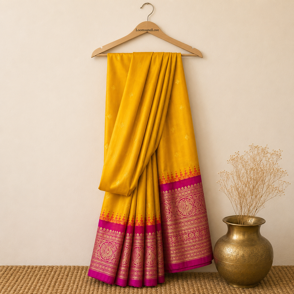 Mustard Yellow & Magenta Semi Gadwal Silk Saree