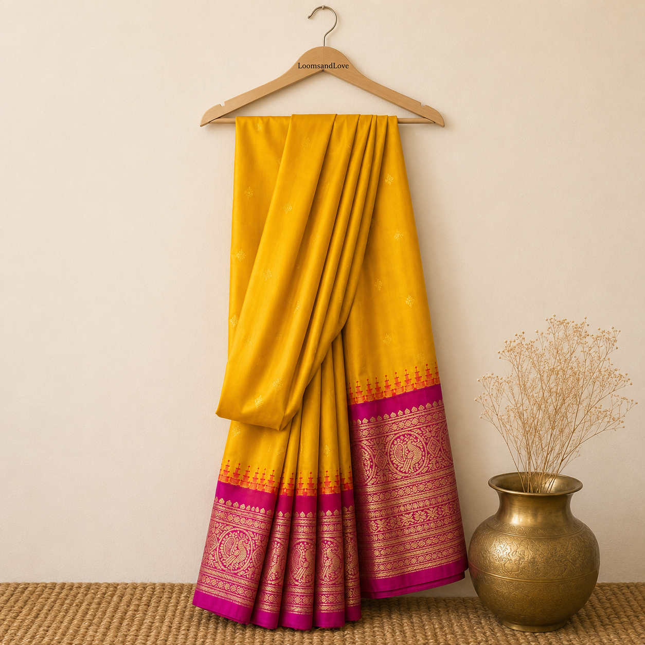 Mustard Yellow & Magenta Semi Gadwal Silk Saree